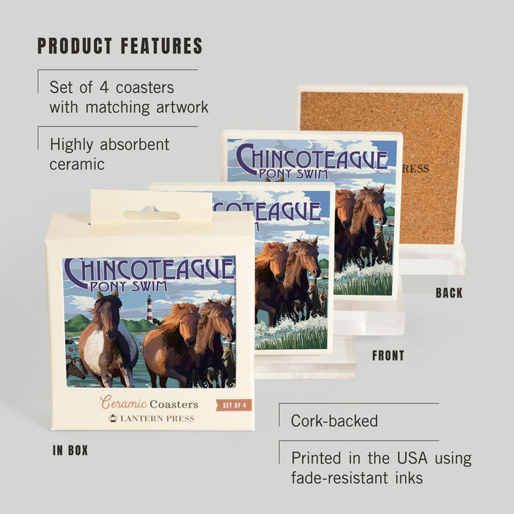 Chincoteague, Virginia, Pony Swim (Horizontal), Lantern Press Artwork, Coaster Set - Lantern Press