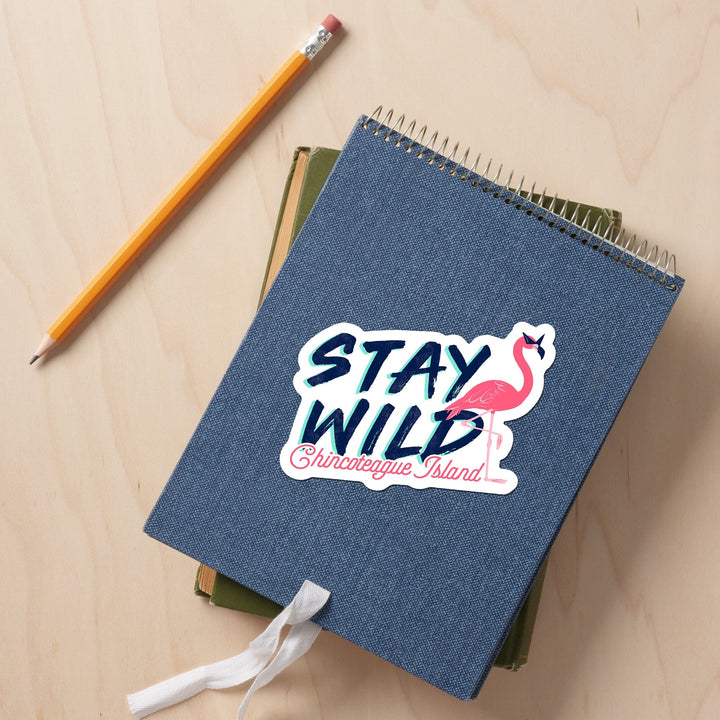 Chincoteague, Virginia, Stay Wild, Flamingo, Contour, Vinyl Sticker Sticker Lantern Press 