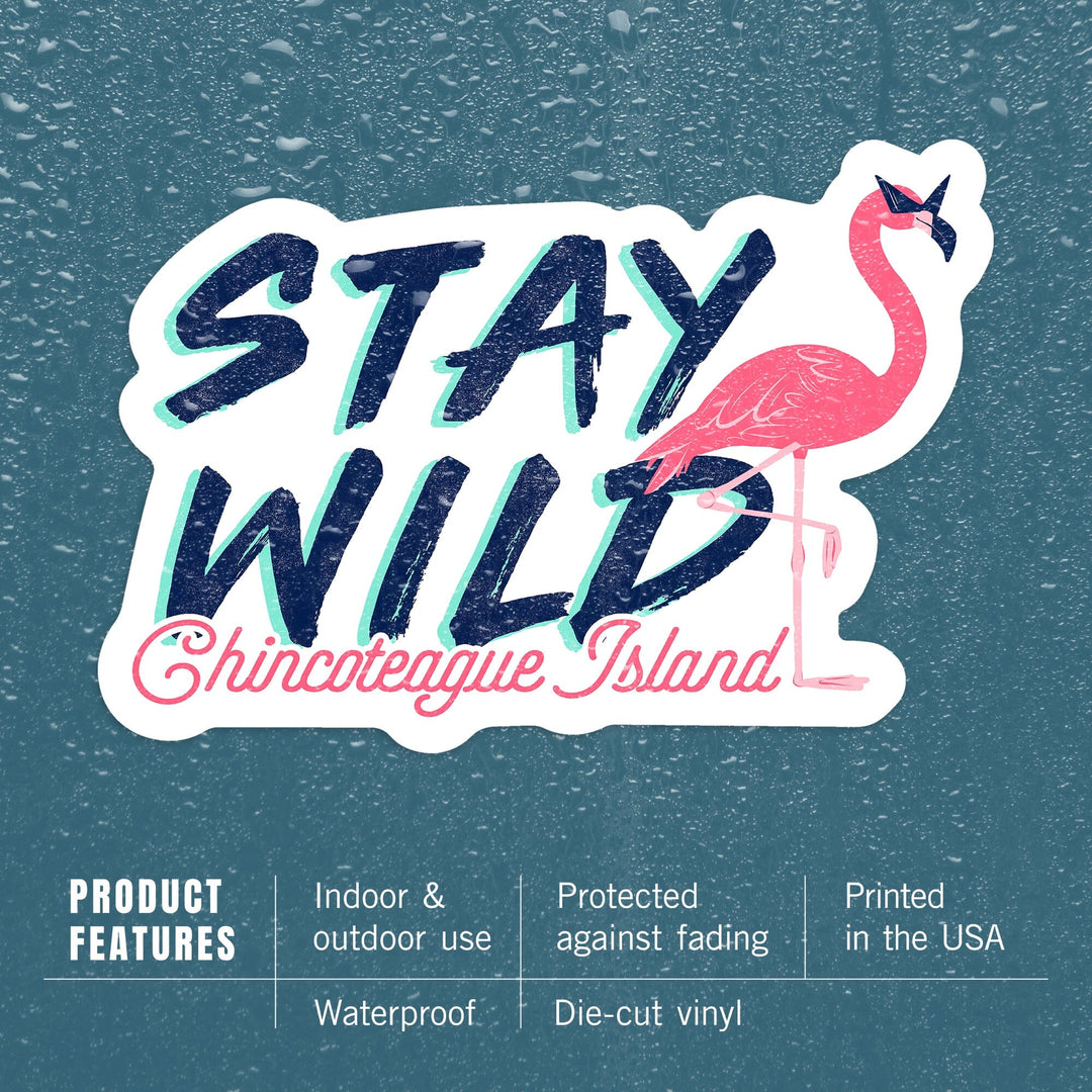 Chincoteague, Virginia, Stay Wild, Flamingo, Contour, Vinyl Sticker Sticker Lantern Press 