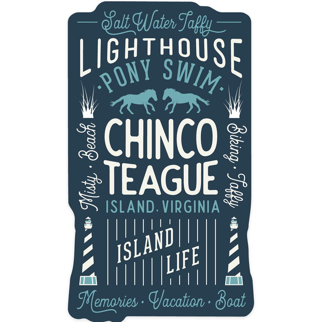 Chincoteague, Virginia, Typography Symmetrical, Blue, Contour, Vinyl Sticker Sticker Lantern Press 