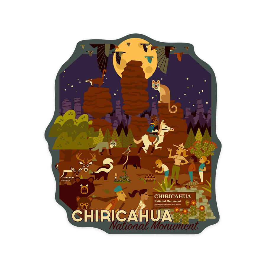 Chiricahua National Monument, Arizona, Night Scene, Geometric, Contour, Lantern Press Artwork, Vinyl Sticker Sticker Lantern Press 