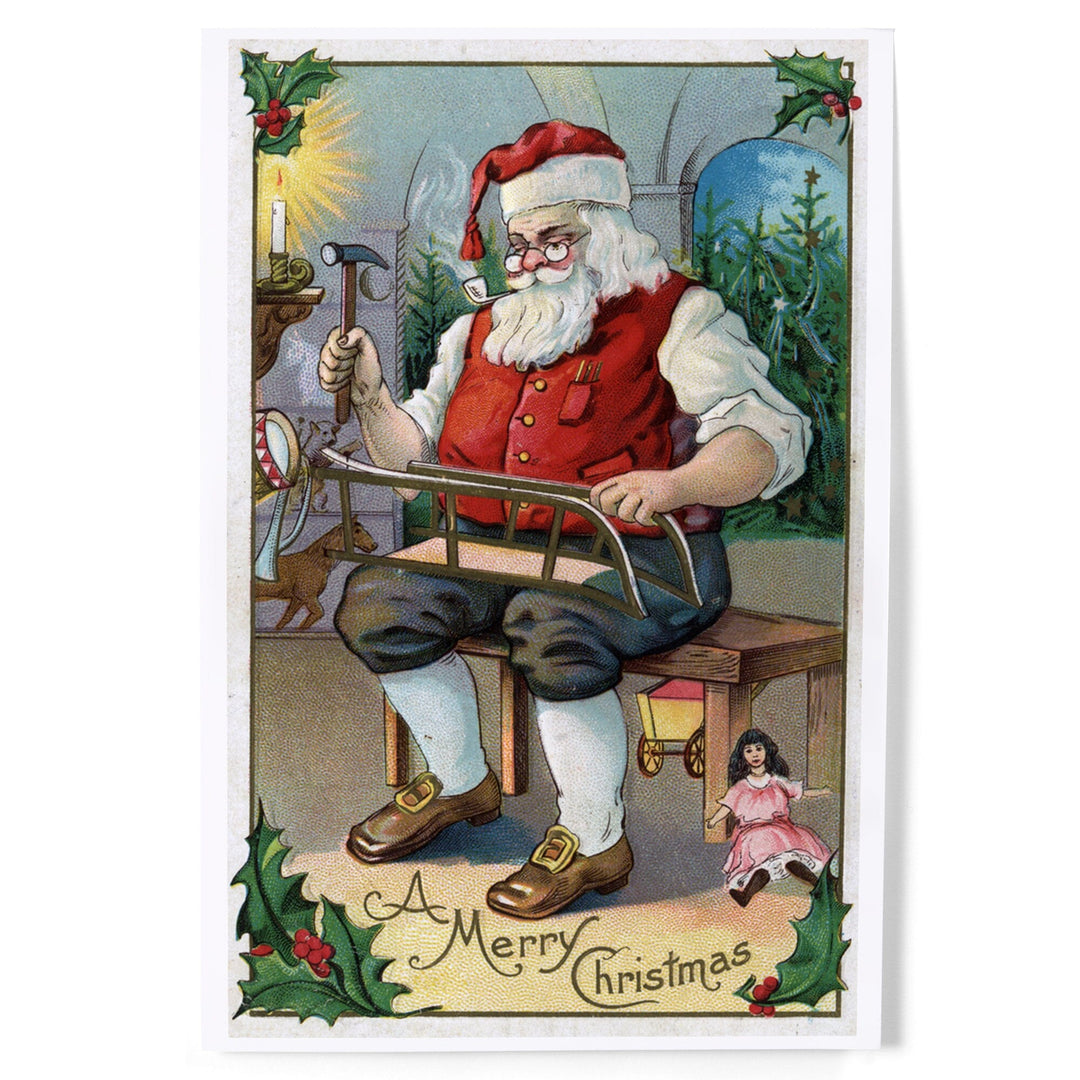 Christmas Greeting, Santa Building Sled, Art & Giclee Prints Art Lantern Press 