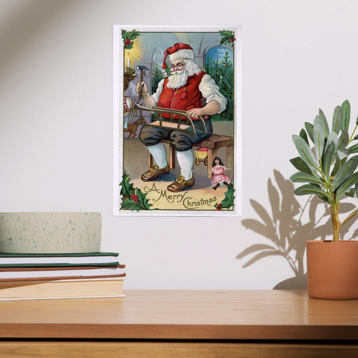 Christmas Greeting, Santa Building Sled, Art & Giclee Prints Art Lantern Press 