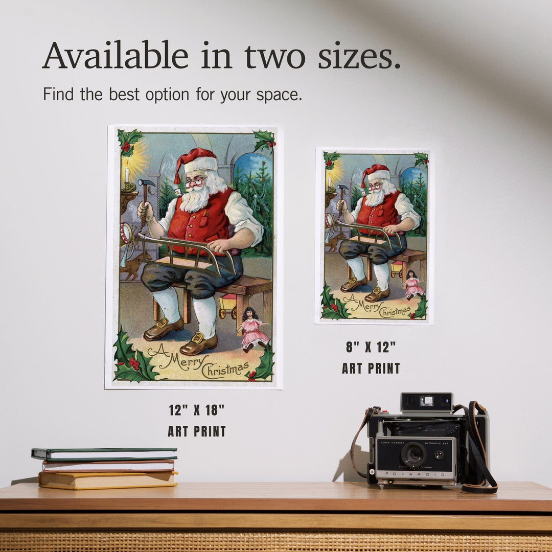 Christmas Greeting, Santa Building Sled, Art & Giclee Prints Art Lantern Press 