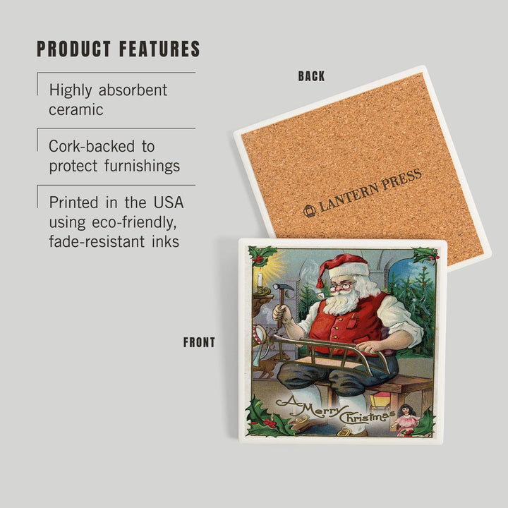 Christmas Greeting, Santa Building Sled, Coasters Coasters Lantern Press 