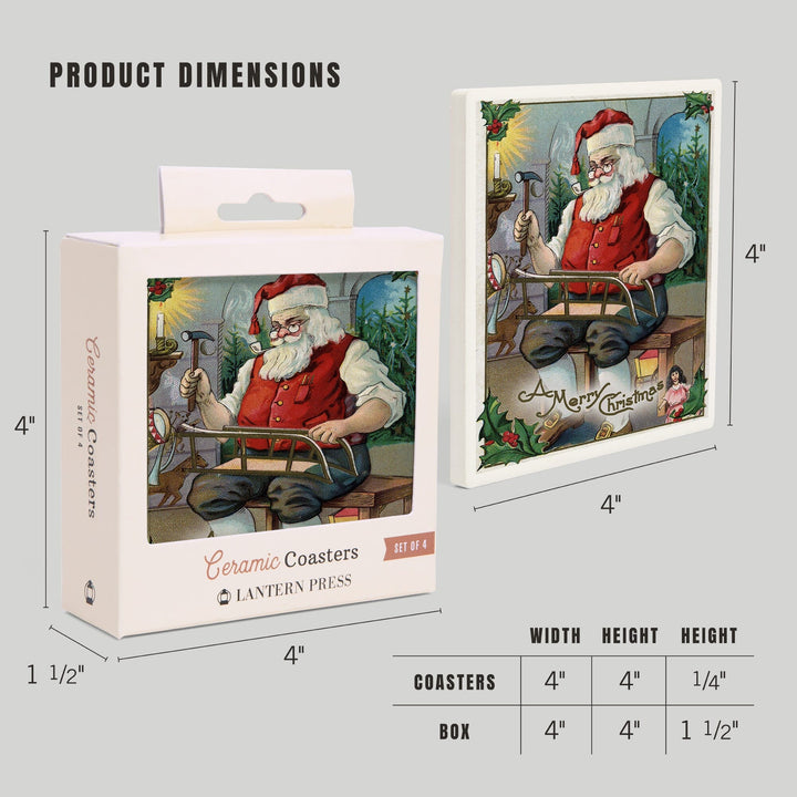 Christmas Greeting, Santa Building Sled, Coasters Coasters Lantern Press 