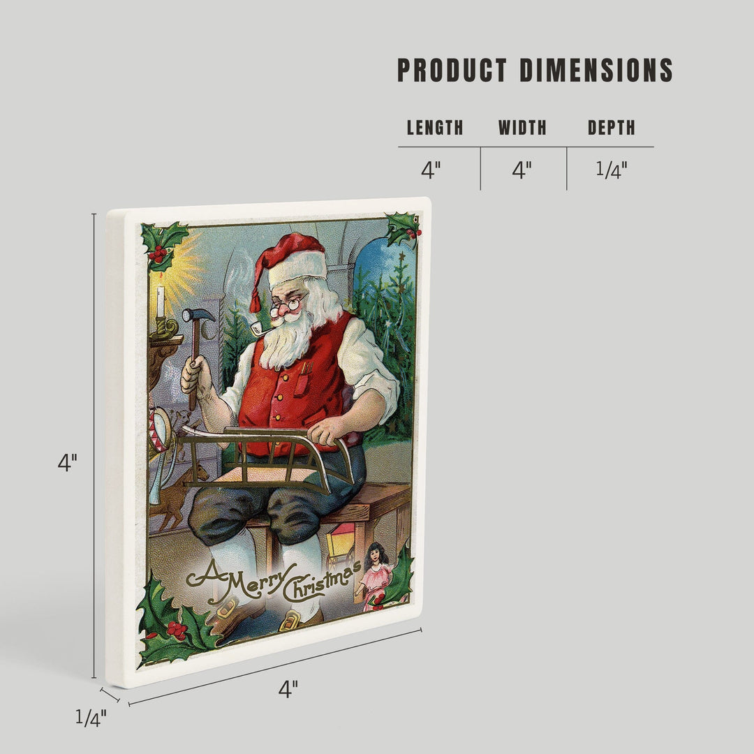 Christmas Greeting, Santa Building Sled, Coasters Coasters Lantern Press 