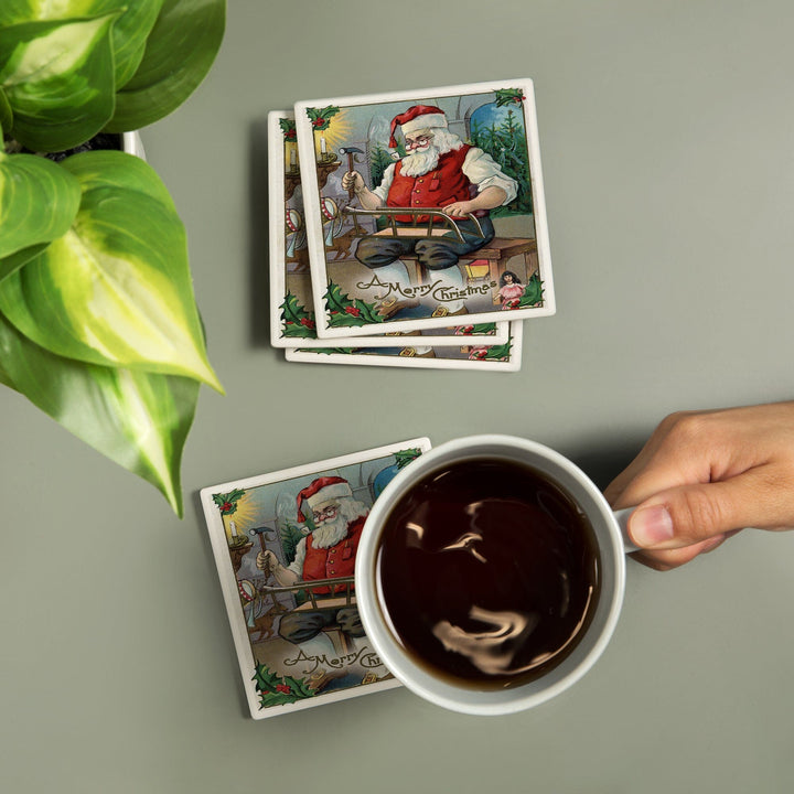 Christmas Greeting, Santa Building Sled, Coasters Coasters Lantern Press 