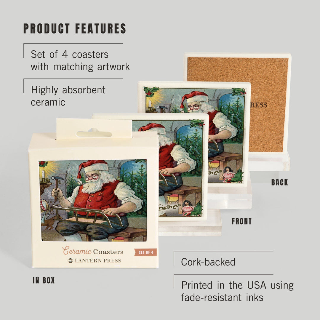 Christmas Greeting, Santa Building Sled, Coasters Coasters Lantern Press 