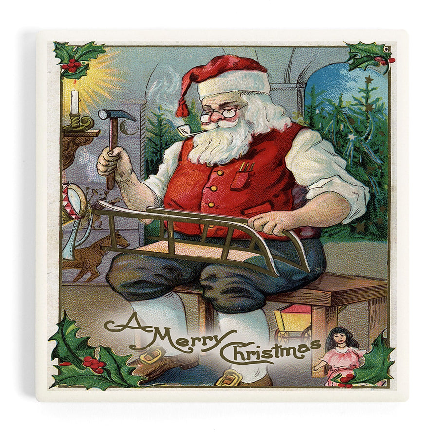 Christmas Greeting, Santa Building Sled, Coasters Coasters Lantern Press 