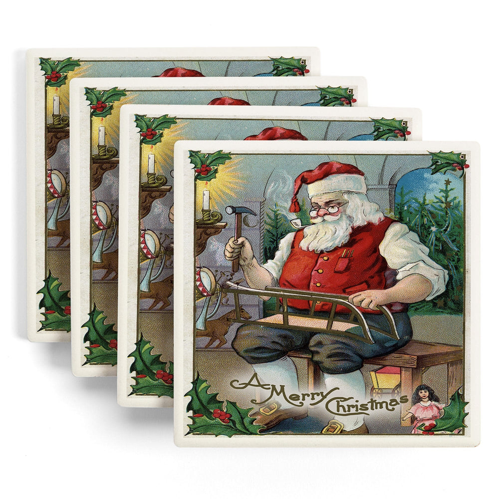 Christmas Greeting, Santa Building Sled, Coasters Coasters Lantern Press 