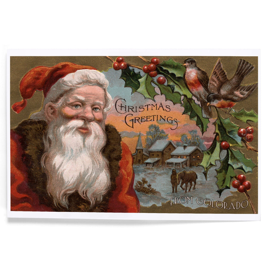 Christmas Greetings From Colorado, Santa with Holly, Village Scene, Art & Giclee Prints Art Lantern Press 