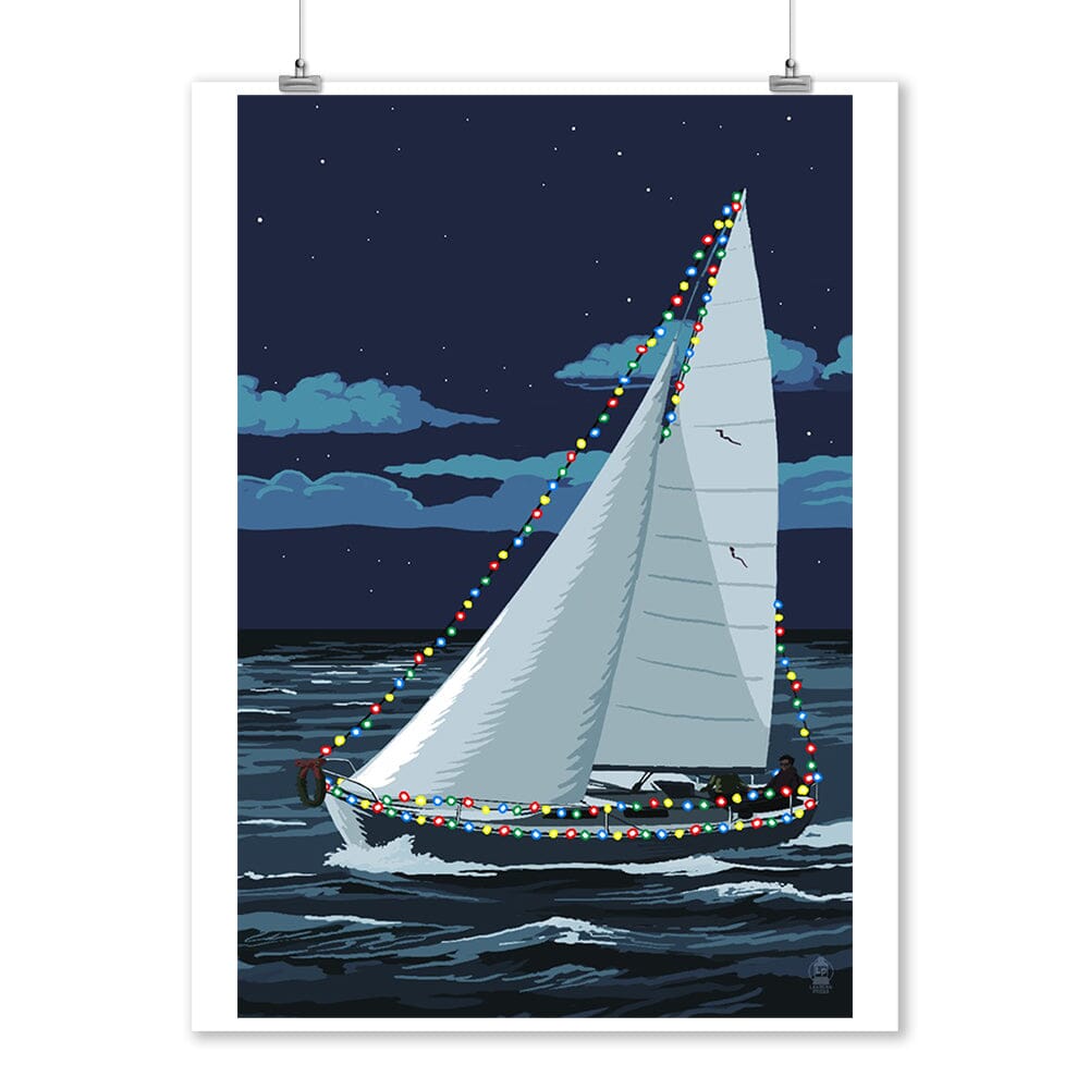 Christmas Lights Sailboat, Art & Giclee Prints Art Lantern Press 12 x 18 Art Print 