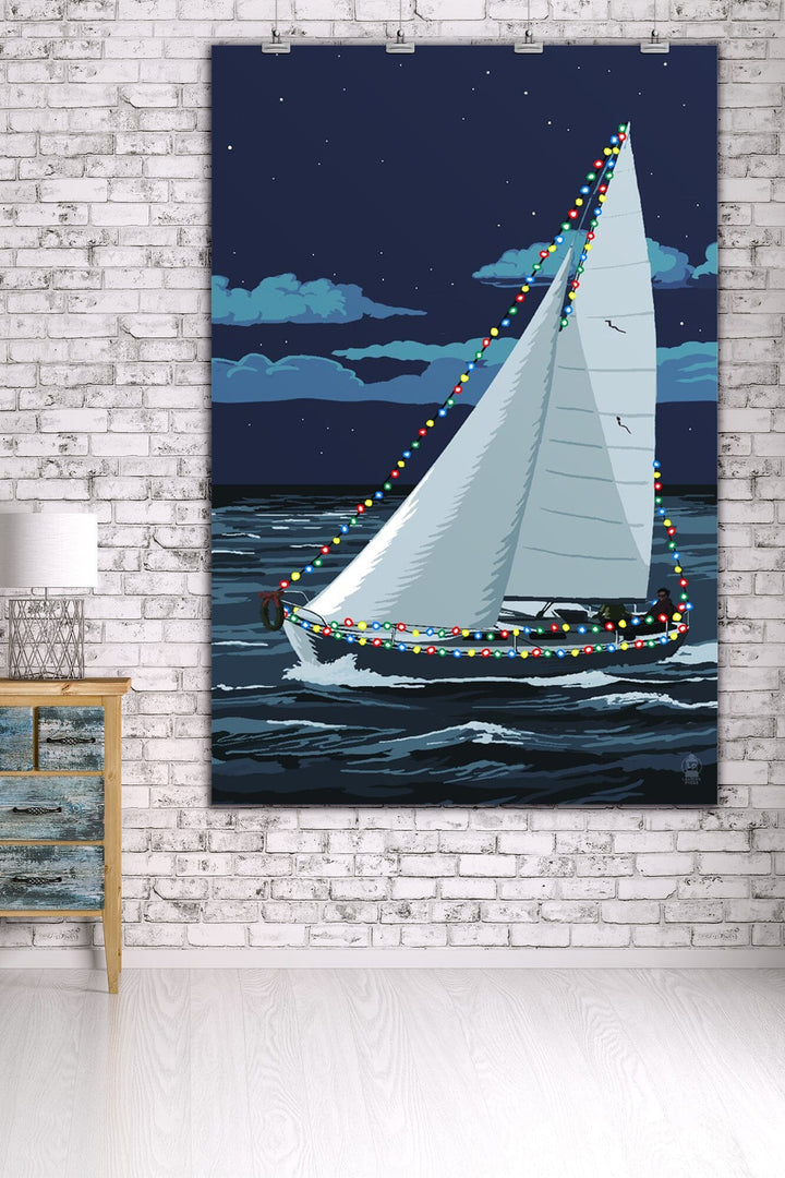 Christmas Lights Sailboat, Art & Giclee Prints Art Lantern Press 36 x 54 Giclee Print 