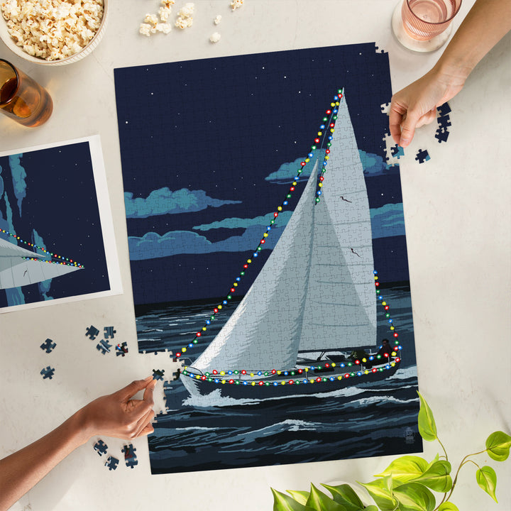 Christmas Lights Sailboat, Jigsaw Puzzle Puzzle Lantern Press 