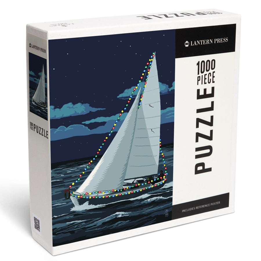 Christmas Lights Sailboat, Jigsaw Puzzle Puzzle Lantern Press 