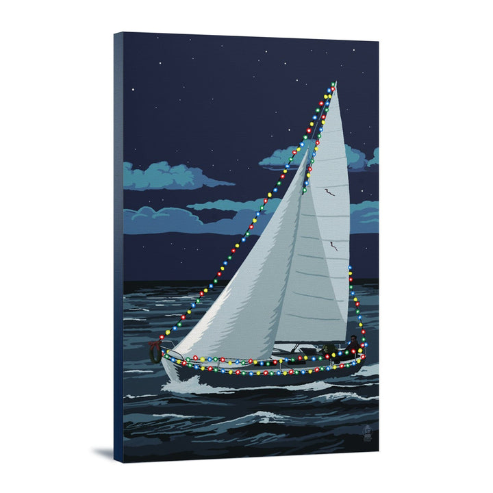 Christmas Lights Sailboat, Lantern Press Artwork, Stretched Canvas Canvas Lantern Press 12x18 Stretched Canvas 