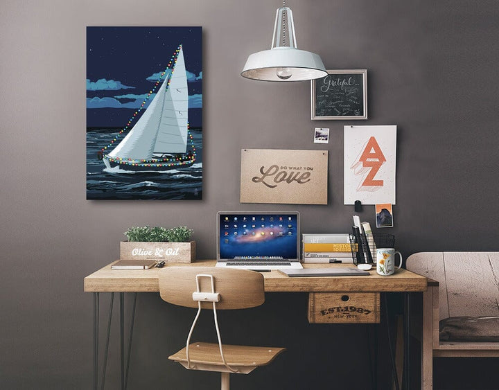 Christmas Lights Sailboat, Lantern Press Artwork, Stretched Canvas Canvas Lantern Press 