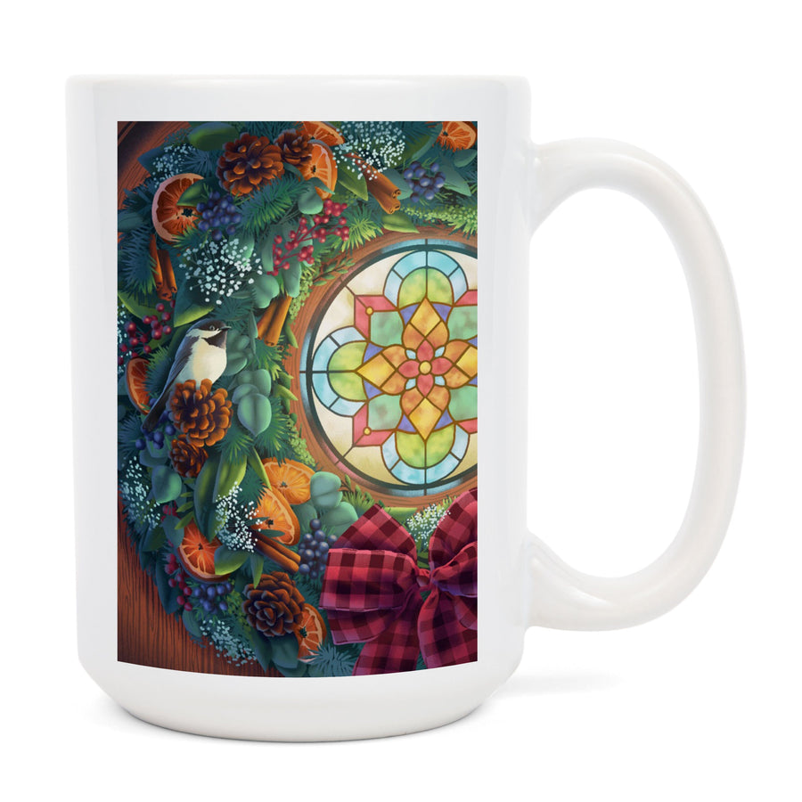 Christmas Wreath and Stained Glass Window, Ceramic Mug Mugs Lantern Press 