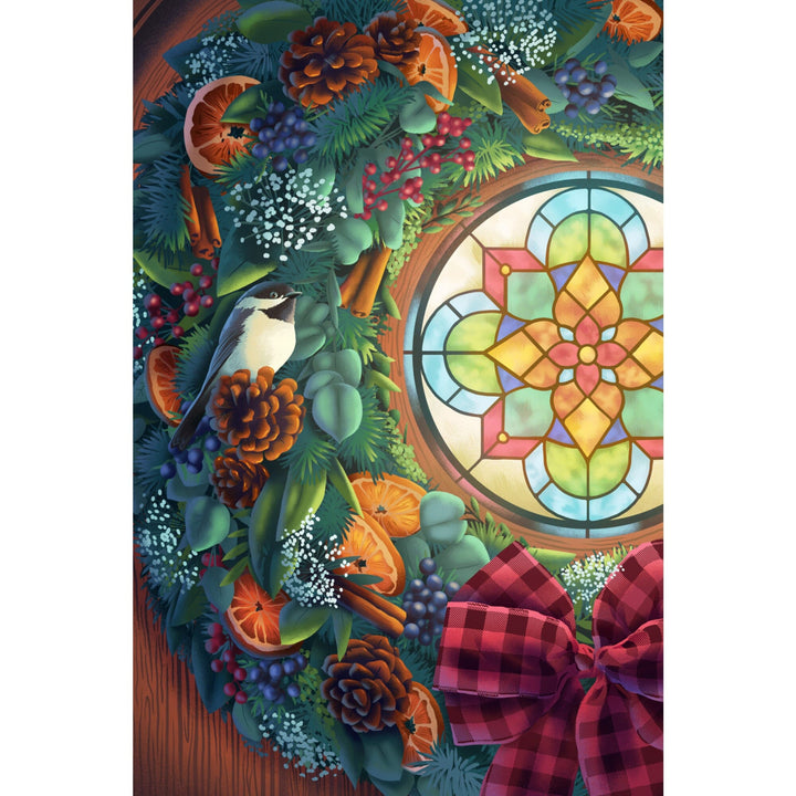 Christmas Wreath and Stained Glass Window, Stretched Canvas Canvas Lantern Press 