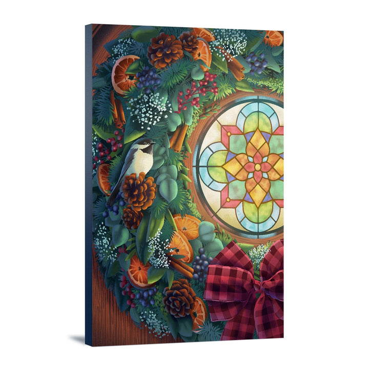 Christmas Wreath and Stained Glass Window, Stretched Canvas Canvas Lantern Press 