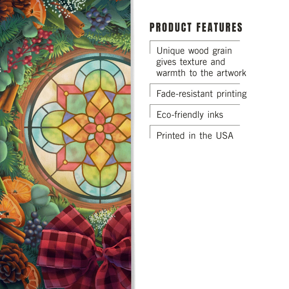 Christmas Wreath and Stained Glass Window, Wood Signs and Postcards Wood Lantern Press 