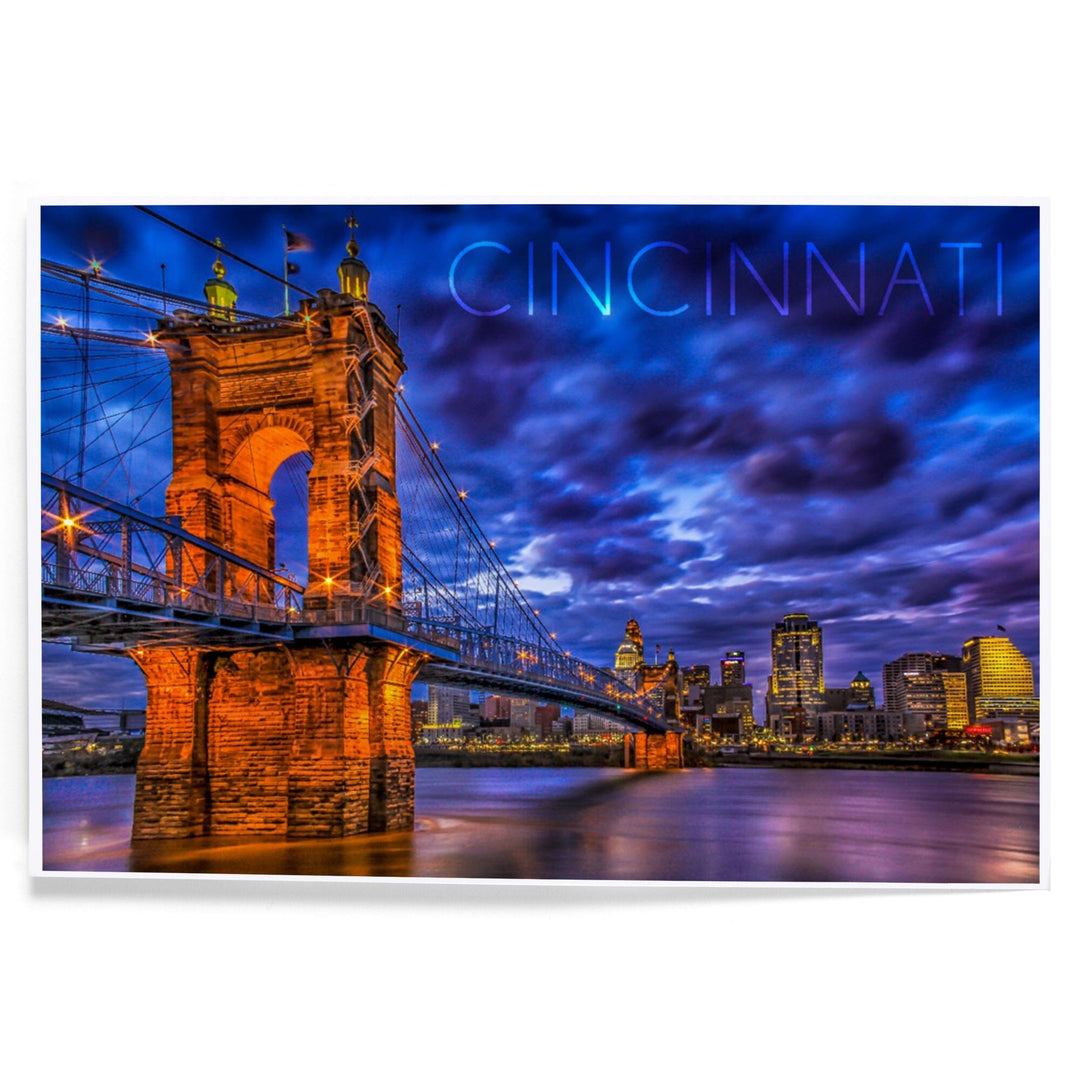 Cincinnati, Ohio, John A. Roebling Suspension Bridge at Night, Art & Giclee Prints Art Lantern Press 