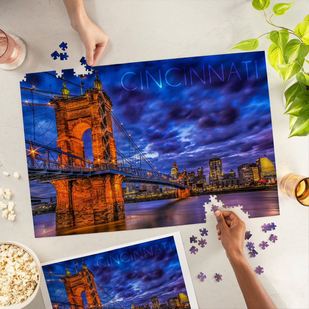 Cincinnati, Ohio, John A. Roebling Suspension Bridge at Night, Jigsaw Puzzle Puzzle Lantern Press 