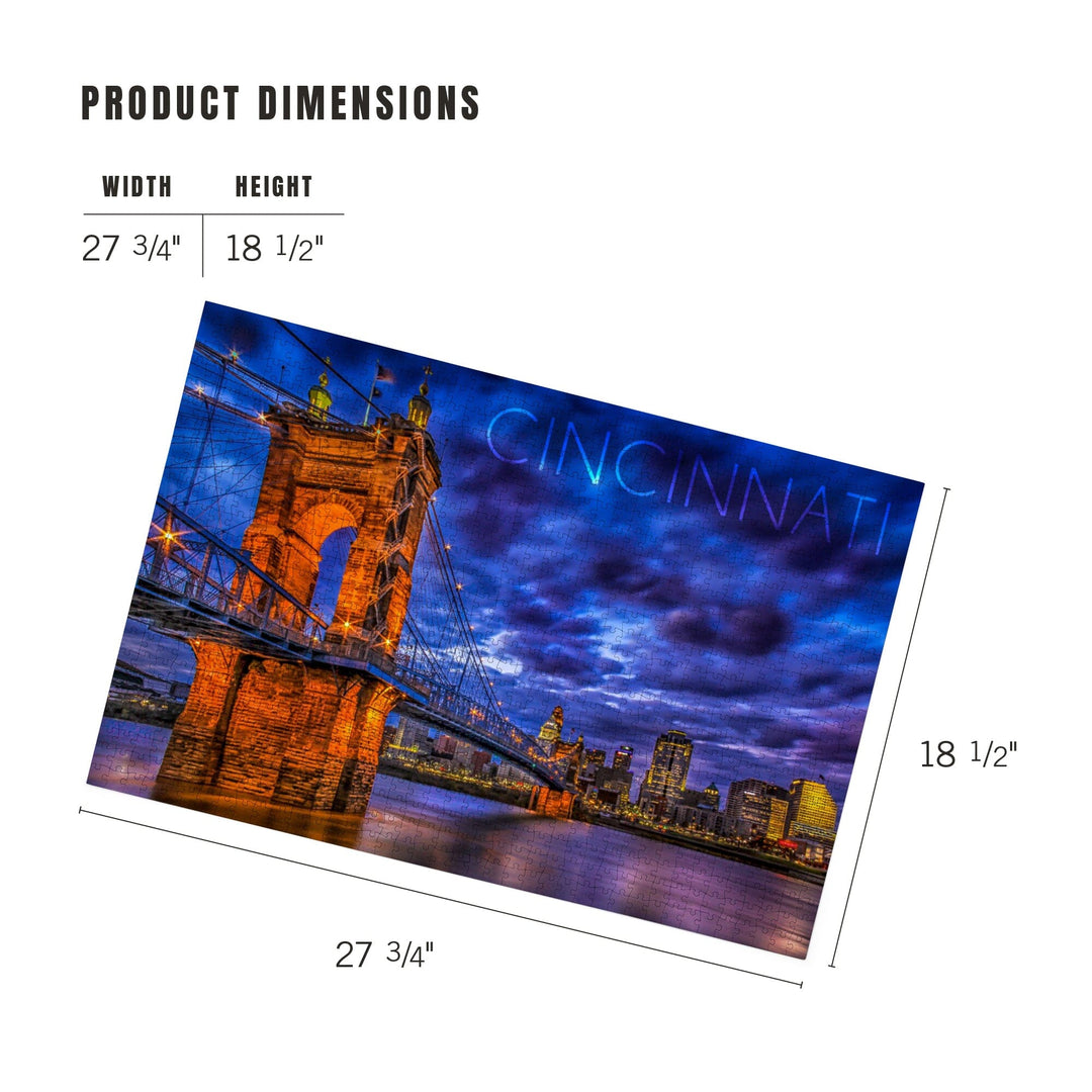 Cincinnati, Ohio, John A. Roebling Suspension Bridge at Night, Jigsaw Puzzle Puzzle Lantern Press 