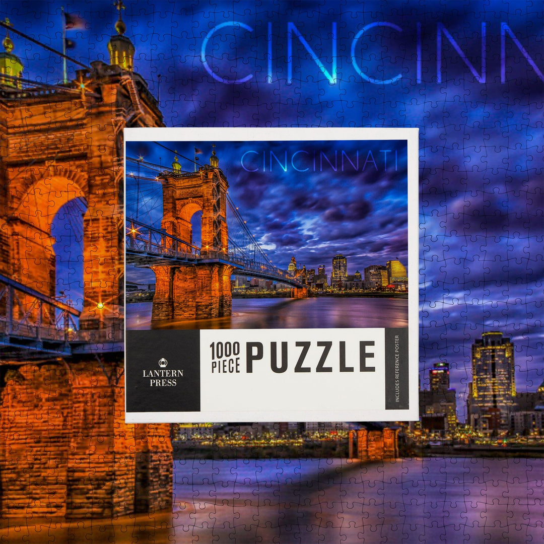 Cincinnati, Ohio, John A. Roebling Suspension Bridge at Night, Jigsaw Puzzle Puzzle Lantern Press 