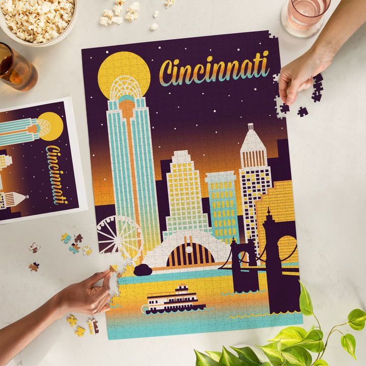 Cincinnati, Ohio, Retro Skyline Chromatic Series, Jigsaw Puzzle Puzzle Lantern Press 