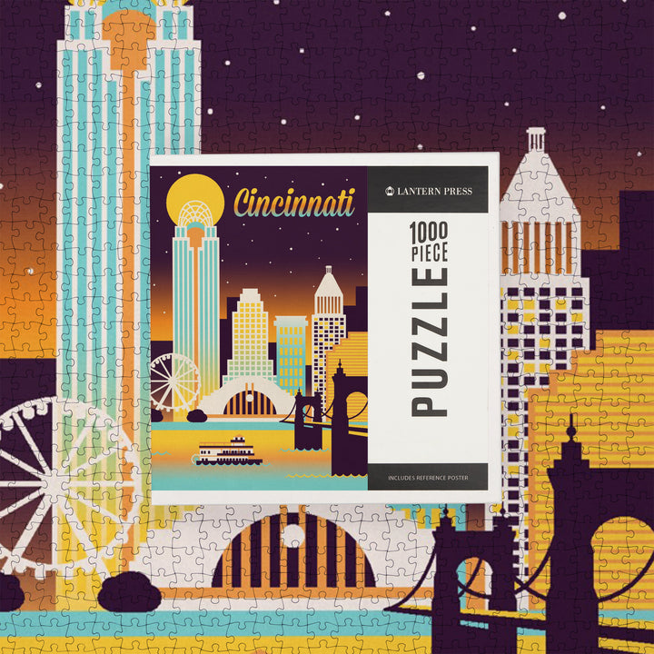 Cincinnati, Ohio, Retro Skyline Chromatic Series, Jigsaw Puzzle Puzzle Lantern Press 