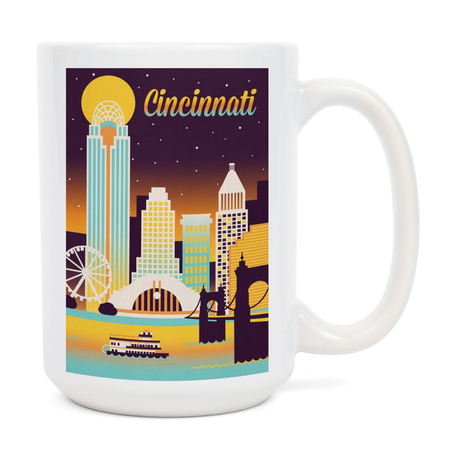Cincinnati, Ohio, Retro Skyline Chromatic Series, Lantern Press Artwork, Ceramic Mug Mugs Lantern Press 