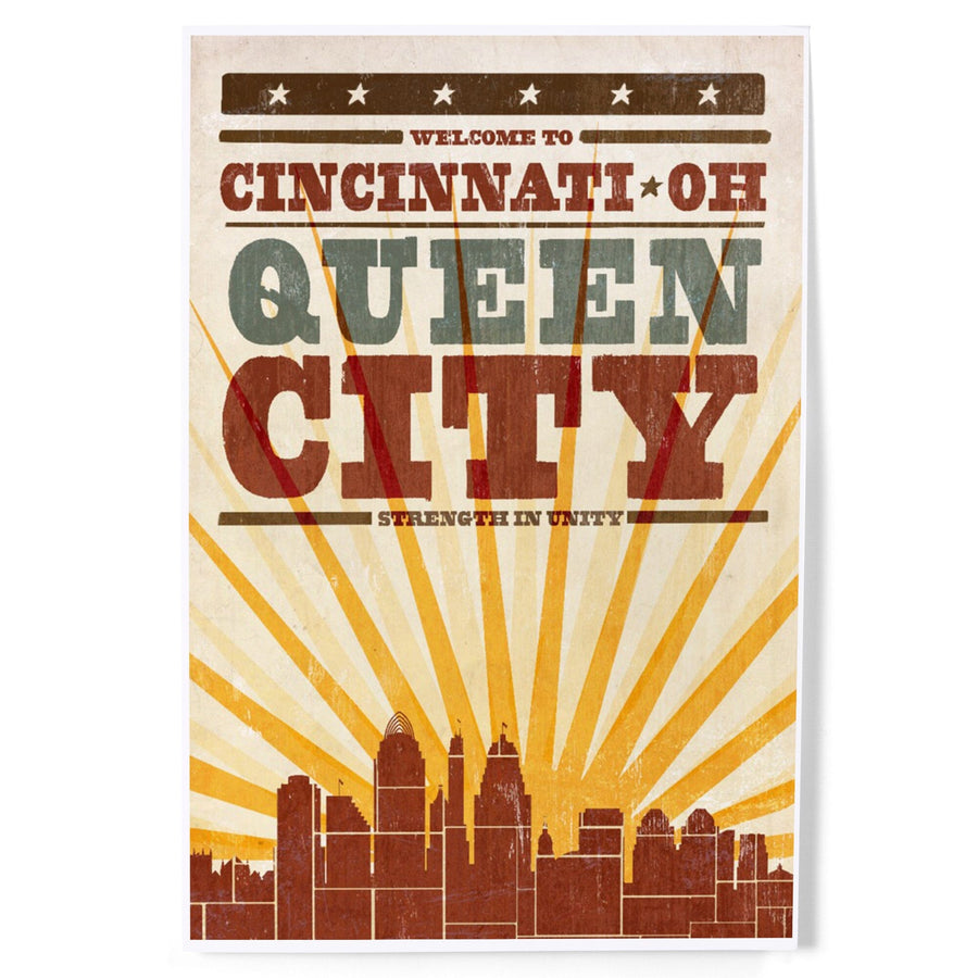 Cincinnati, Ohio, Skyline and Sunburst Screenprint Style, Art & Giclee Prints Art Lantern Press 