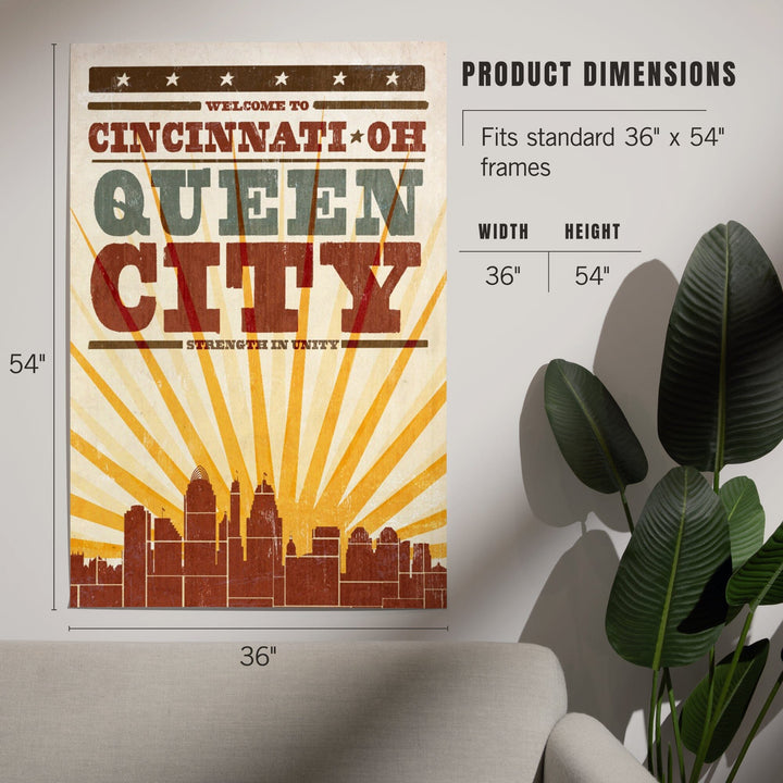 Cincinnati, Ohio, Skyline and Sunburst Screenprint Style, Art & Giclee Prints Art Lantern Press 
