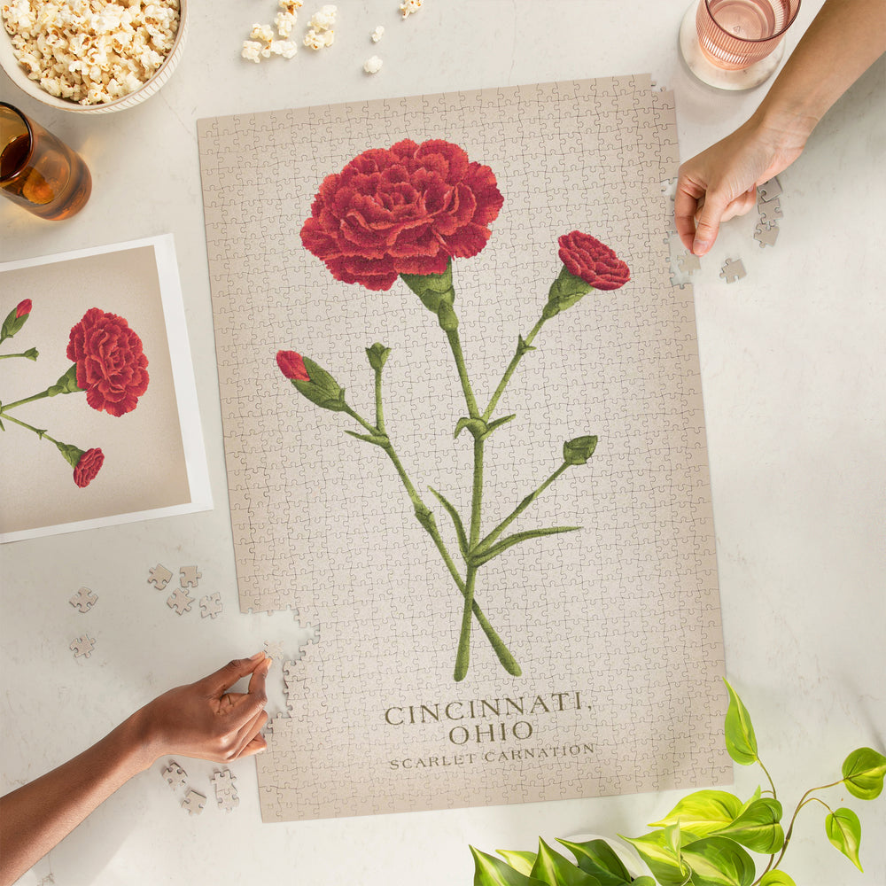 Cincinnati, Ohio, Vintage Flora, State Series, Scarlet Carnation, Jigsaw Puzzle Puzzle Lantern Press 