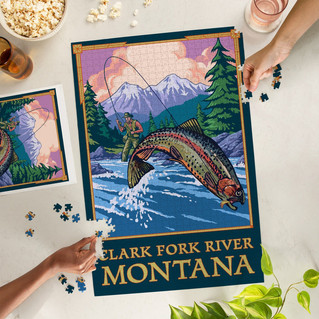 Clark Fork River, Montana, Angler Fly Fishing Scene (Leaping Trout), Jigsaw Puzzle Puzzle Lantern Press 