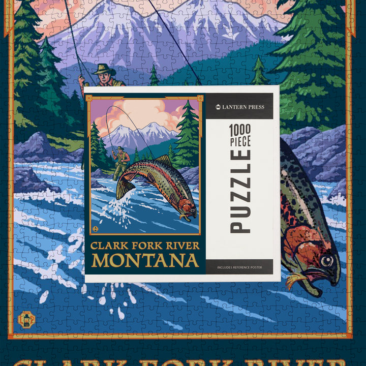 Clark Fork River, Montana, Angler Fly Fishing Scene (Leaping Trout), Jigsaw Puzzle Puzzle Lantern Press 