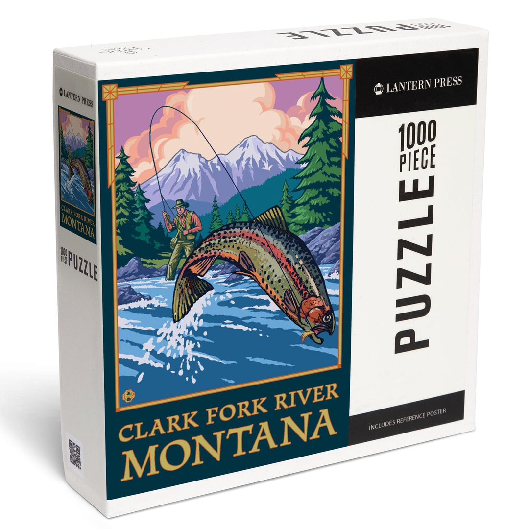 Clark Fork River, Montana, Angler Fly Fishing Scene (Leaping Trout), Jigsaw Puzzle Puzzle Lantern Press 