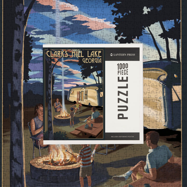 Clarks Hill Lake, Georgia, Retro Camper and Lake, Jigsaw Puzzle Puzzle Lantern Press 