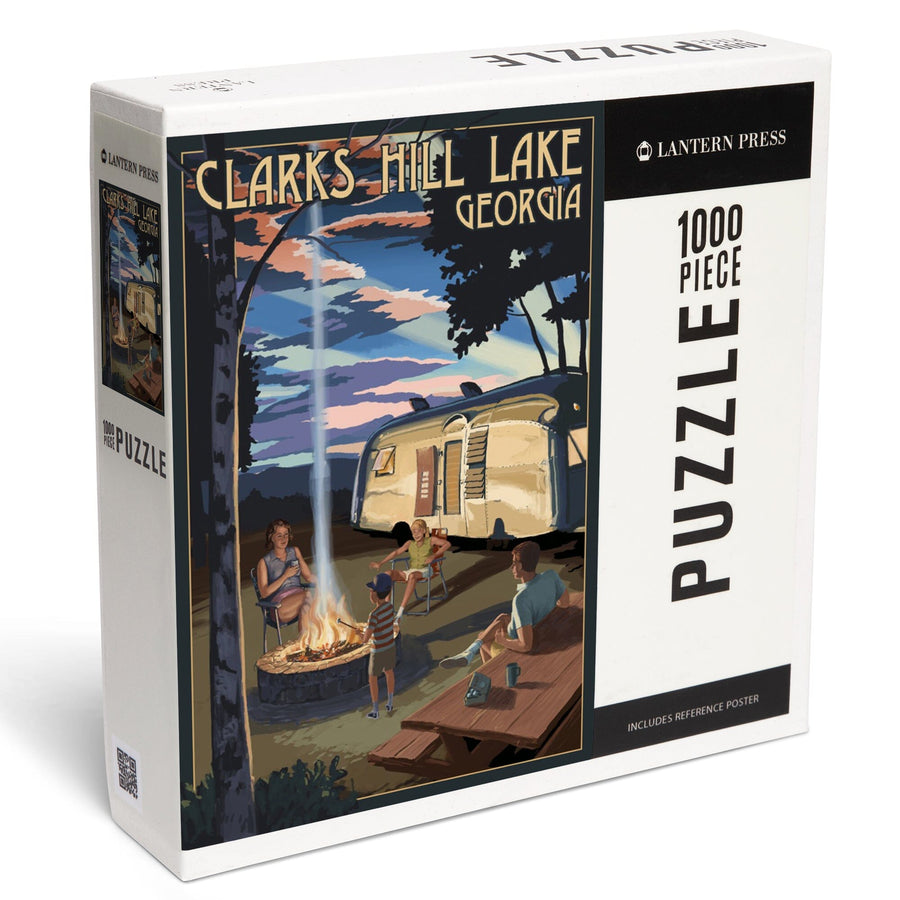 Clarks Hill Lake, Georgia, Retro Camper and Lake, Jigsaw Puzzle Puzzle Lantern Press 