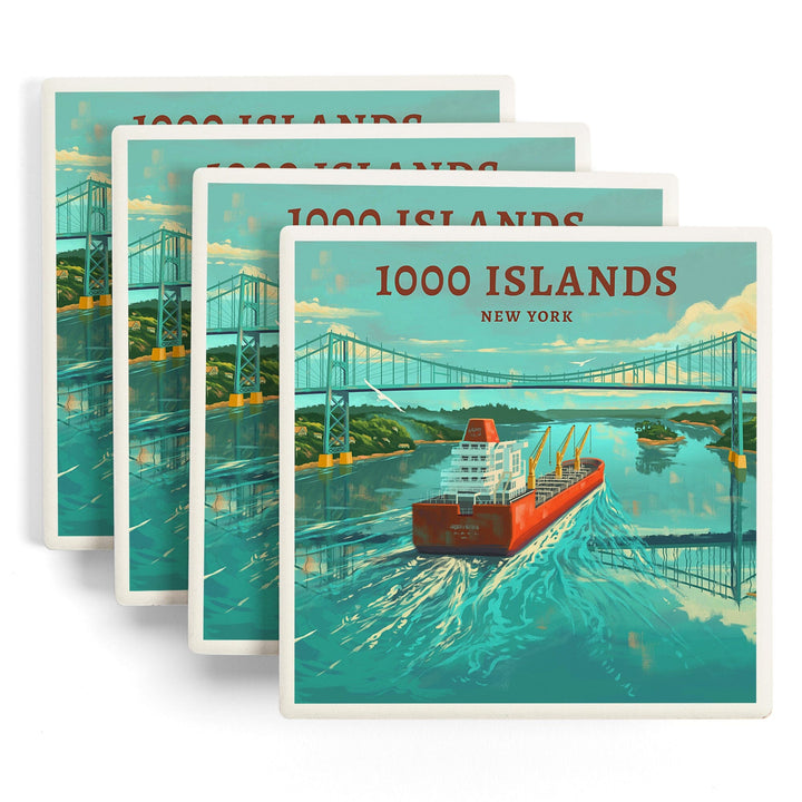 Clayton, New York, Oil Painting, 1000 Islands River Bridge, Coasters Coasters Lantern Press 