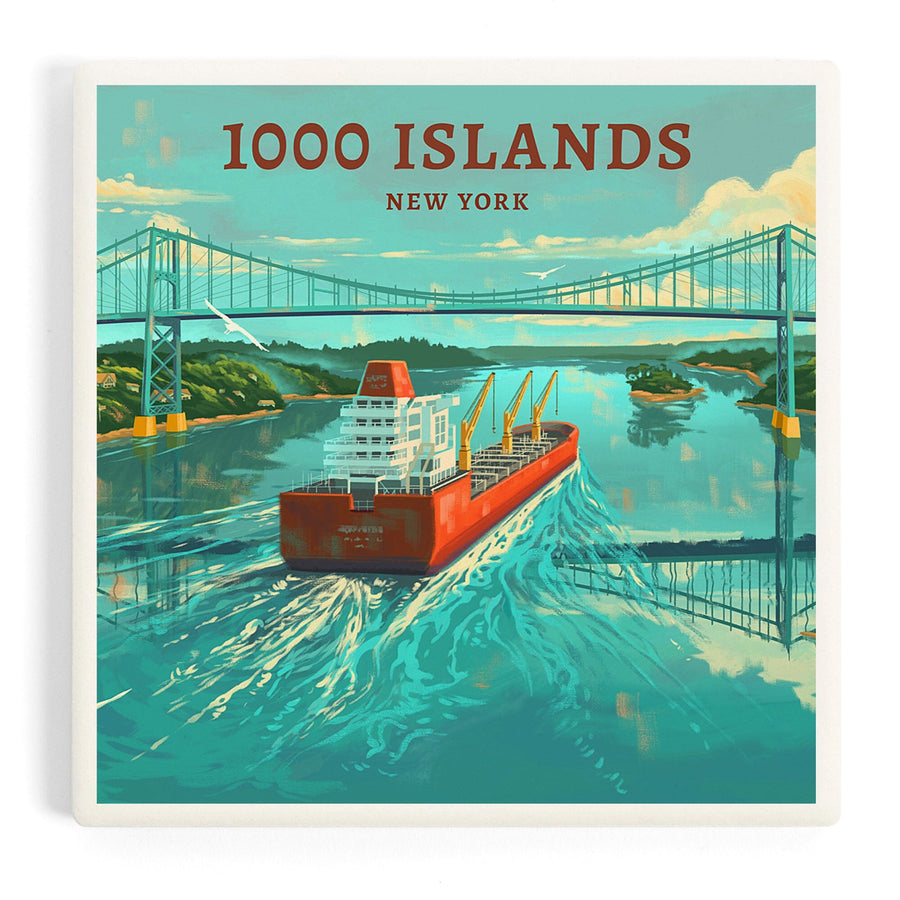 Clayton, New York, Oil Painting, 1000 Islands River Bridge, Coasters Coasters Lantern Press 