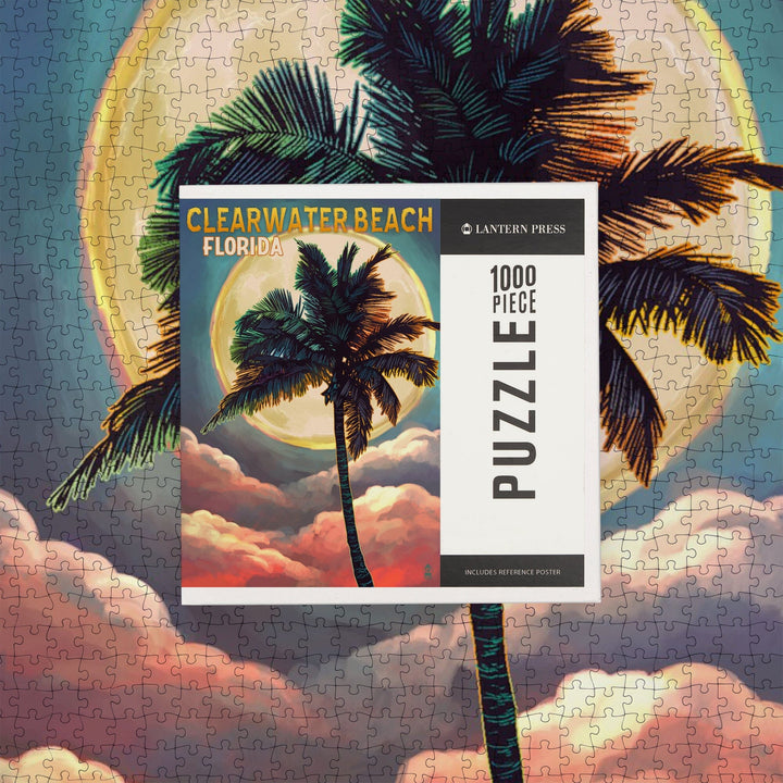 Clearwater Beach, Florida, Palm and Moon, Jigsaw Puzzle Puzzle Lantern Press 