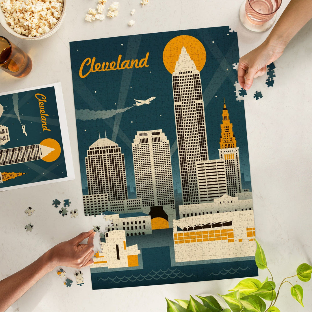 Cleveland, Ohio, Retro Skyline, Jigsaw Puzzle Puzzle Lantern Press 