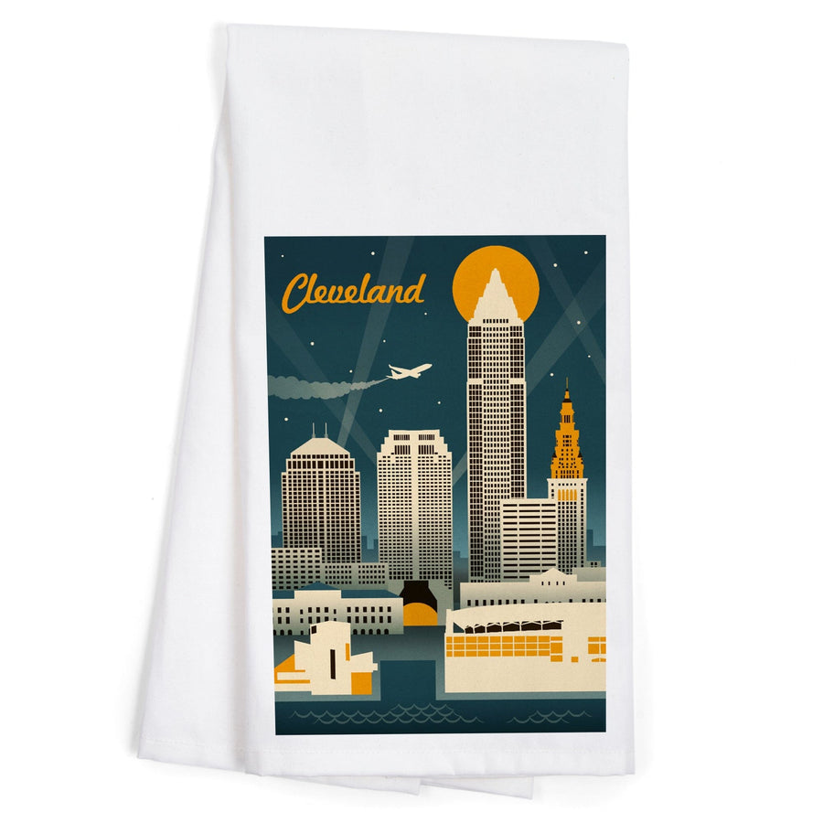 Cleveland, Ohio, Retro Skyline, Organic Cotton Kitchen Tea Towels Kitchen Lantern Press 