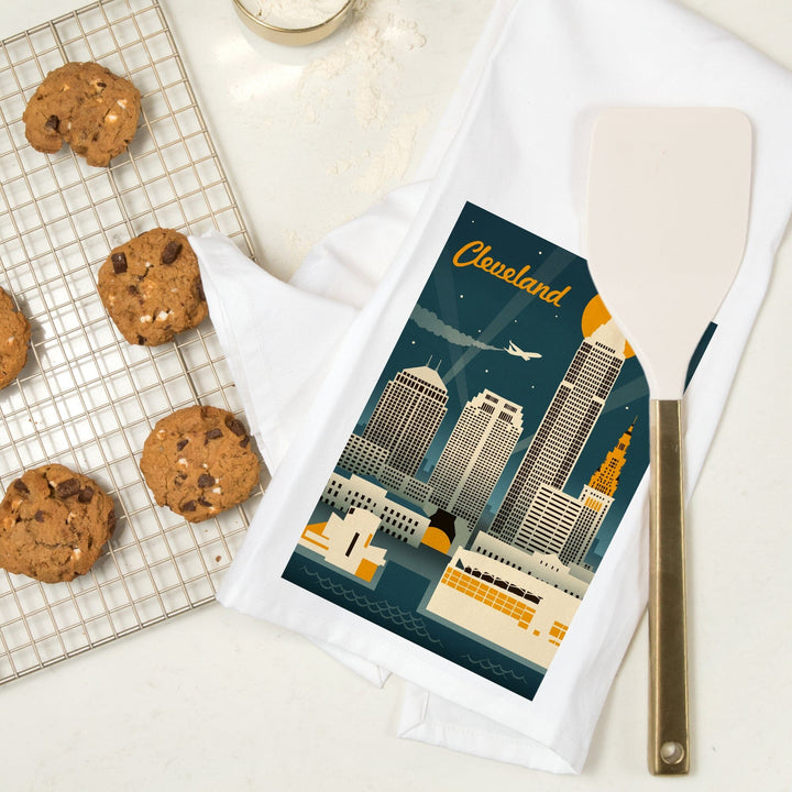 Cleveland, Ohio, Retro Skyline, Organic Cotton Kitchen Tea Towels Kitchen Lantern Press 