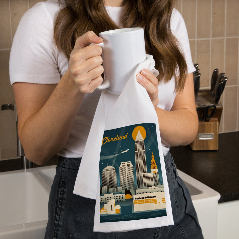 Cleveland, Ohio, Retro Skyline, Organic Cotton Kitchen Tea Towels Kitchen Lantern Press 