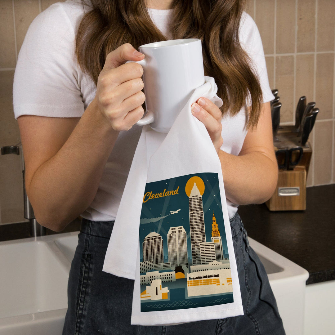 Cleveland, Ohio, Retro Skyline, Organic Cotton Kitchen Tea Towels Kitchen Lantern Press 