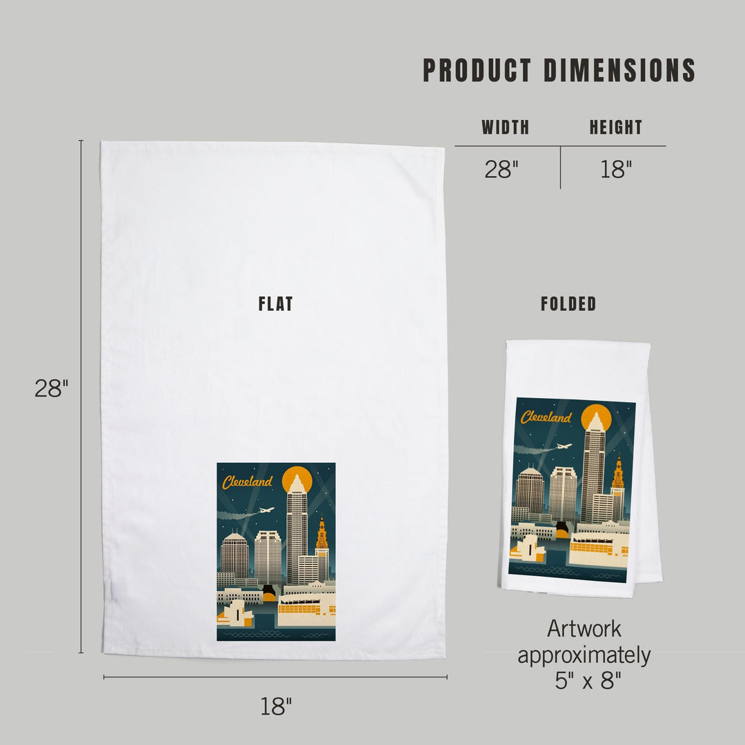 Cleveland, Ohio, Retro Skyline, Organic Cotton Kitchen Tea Towels Kitchen Lantern Press 